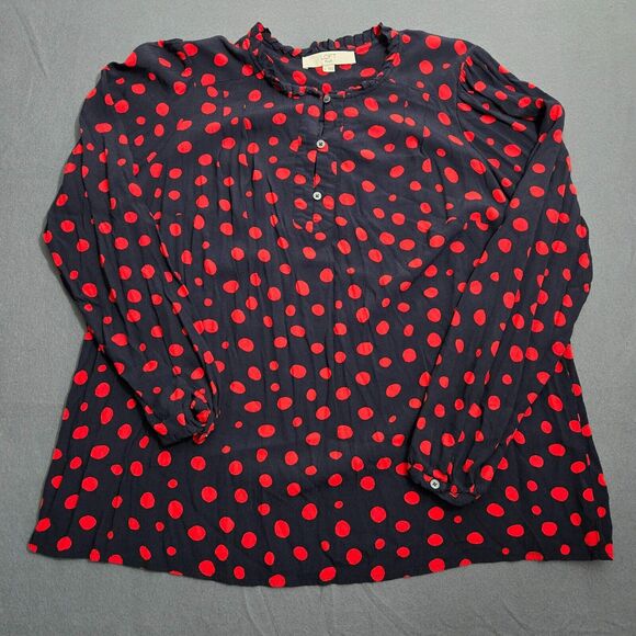 LOFT Plus Women 14 Navy Red Polka Dots Ruffle Trim Long Sleeve Blouse - Picture 1 of 10